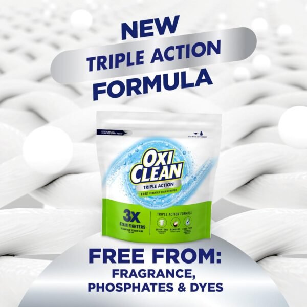OxiClean Triple Action Free Versatile Stain Remover Powder, Use with Detergent, No Fragrance, No Dyes, No Phosphates, No Chlorine, Removes Stains, Brightens Colors and Whites, 4 lbs - Image 6