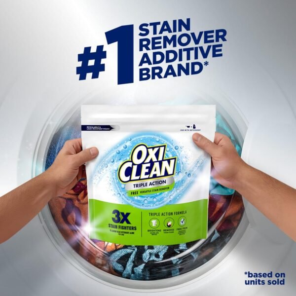 OxiClean Triple Action Free Versatile Stain Remover Powder, Use with Detergent, No Fragrance, No Dyes, No Phosphates, No Chlorine, Removes Stains, Brightens Colors and Whites, 4 lbs - Image 2